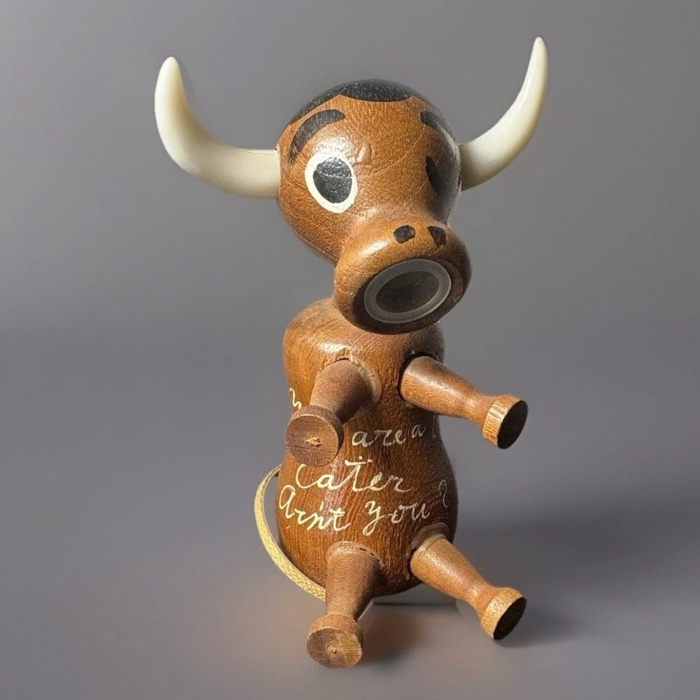 Vintage Stacking Wooden Bull Steer Salt Pepper Shakers MCM Kitsch